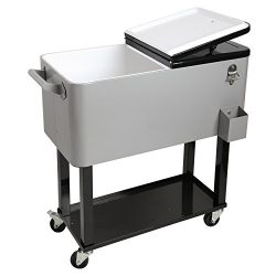 HIO 80 Qt Outdoor Patio Cooler Table On Wheels, Rolling Cooler With Shelf, Silver