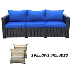 3-Seat Patio Wicker Sofa – Outdoor Rattan Couch Furniture w/Steel Frame and Blue Cushion