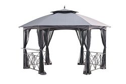 Sunjoy 14.6′ x 13′ Genoa Hexagon Gazebo with Glass Bar Shelf – Gray, Large