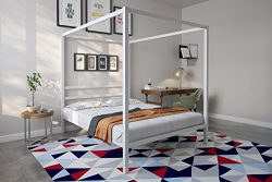 DHP Modern Canopy Bed with Built-in Headboard, Classic Design, Queen Size, White