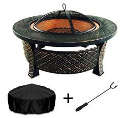 Metal Fire Pit Table; Wood Burning Outside Patio, Copper fire Pit Round Grill Cover Poker, Spart ...