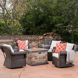 GDF Studio Augusta Patio Furniture ~ 5 Piece Outdoor Wicker Rocking Arm Chair and Propane (Gas)  ...