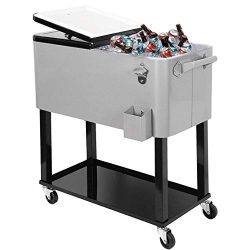 Clevr 80 Quart Qt Outdoor Patio Cooler Rolling Cooler Ice Chest Tub, Grey, Portable Patio Party  ...