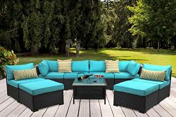 Outdoor PE Wicker Rattan Sofa – 9 Piece Patio Garden Sectional with Turquoise Cushion Furn ...