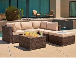 SUNCROWN Outdoor Furniture Sectional Sofa (4 Piece Set) All Weather Brown Checkered Wicker with  ...