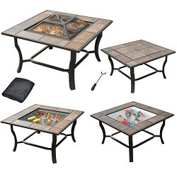 Leisurelife 4 in 1, 32″ Square Tile Top Fire Pit, Grill, Cooler and Coffee Table with Cover