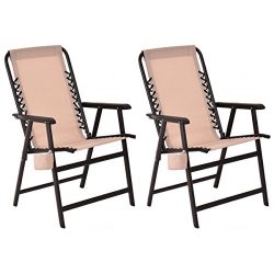 Giantex Set Of 2 Portable Folding Outdoor Arm Beach Chair W/Cup Holder Fishing Camping (2Beige)