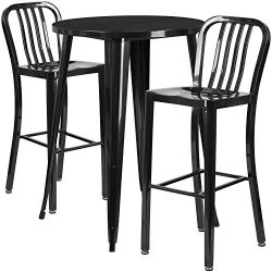 Flash Furniture 30” Round Black Metal Indoor-Outdoor Bar Table Set with 2 Vertical Slat Ba ...