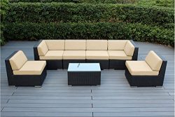 Ohana 7-Piece Outdoor Patio Furniture Sectional Conversation Set, Black Wicker with Beige Cushio ...