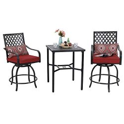 PHI VILLA Outdoor Extra Wide Height Swivel Bar Stools Arms Chairs and Table Set 3