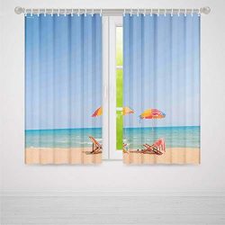 YOLIYANA Seaside Decor Window Curtains,Beach Chair Umbrella on Beach Leisure Tourist Attractions ...