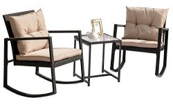 Hq Outdoor Rocking Rattan Bistro Set: 3-Piece Wicker Furniture – Two Chairs with Glass Cof ...