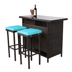 Kinbor 3-Piece Wicker Bar Set with Stools Patio Outdoor Backyard Table & 2 Bar Stools Dining ...