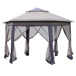 Outsunny 12’ Steel Fabric Hexagonal Pop Up Patio Gazebo with Mesh Sidewalls – Coffee and Beige