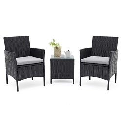 SUNCROWN Outdoor Bistro Set 3 Piece Black Wicker Chairs with Glass Top Table All-Weather Wicker  ...