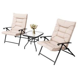 LAHAINA 3-Piece Patio Padded Folding Chair Set Outdoor Adjustable Reclining Furniture Metal Slin ...