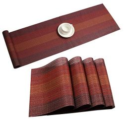 Pauwer Placemats with Table Runner Set Washable Heat Resistant Woven Vinyl Placemats Set of 6 an ...