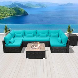 Modenzi Outdoor Sectional Patio Furniture with Propane Fire Pit Table Espresso Brown Wicker Resi ...