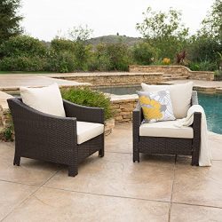 Caspian Outdoor Patio Furniture Multibrown Wicker Club Chair with Beige Water Resistant Fabric C ...