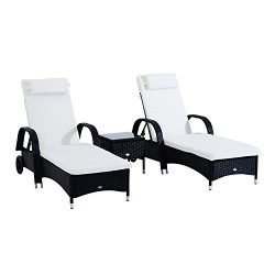 Outsunny 3 Piece Rattan Wicker Adjustable Chaise Lounge Chair with Wheels Set- Black/White ̵ ...