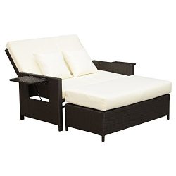 Outsunny 2 Piece Outdoor Rattan Wicker Cushioned Chaise Lounge and Ottoman Set