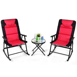 Giantex 3 PCS Folding Bistro Set Outdoor Patio Rocking Chairs Round Table Set 2 Rocking Chairs w ...