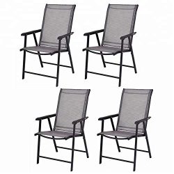 Leissu Folding Sling Chairs, Foldable Chairs, Camping Deck Chairs w/Armrest, Set of 4, Grey