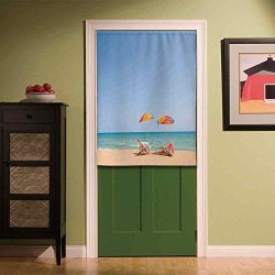 YOLIYANA Seaside Decor Privacy Door Curtain,Beach Chair Umbrella on Beach Leisure Tourist Attrac ...