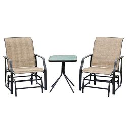 LOKATSE HOME 3 Piece Outdoor Patio Glider Set with 2 Rocking Chairs and 1 Glass Top Table, Natural