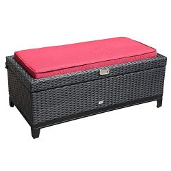 Orange Casual Rattan Wicker Deck Storage Box | Small Outdoor Storage Bench with Seat Cushion, Al ...