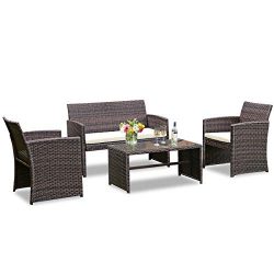 Goplus 4-Piece Rattan Patio Furniture Set Garden Lawn Pool Backyard Outdoor Sofa Wicker Conversa ...