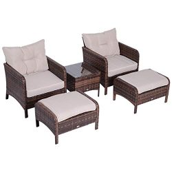 Outsunny 5 Piece Rattan Wicker Outdoor Patio Conversation Set with 2 Cushioned Chairs 2 Cushione ...