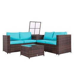 Peach Tree 4PCS Outdoor Rattan Wicker Patio Sofas Blue Cushion Seat Set Furniture Lawn Storage Table