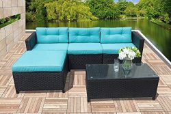 Outdoor Patio Furniture Set, 5pc PE Wicker Rattan Sectional Furniture Set with Blue Seat and Bac ...