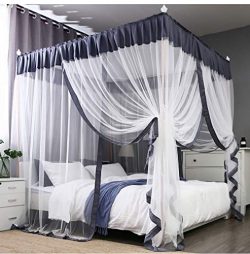 Princess 4 Corners Post Bed Canopy Bed Curtains Mosquito Netting (Queen, Gray and White)