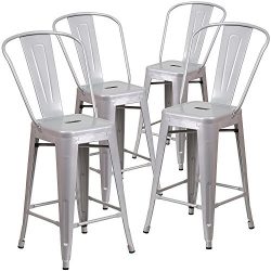 Belleze (4-PC 24” High Silver Indoor-Outdoor Counter Height Stool with Back