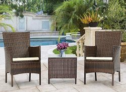 Solaura Outdoor 3-Piece Furniture Brown Wicker Bistro Set Conversation Chairs & Glass-top Co ...