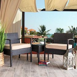 Barton 3PCS Patio Chair Set Patio Wicker Rattan Bistro Outdoor Chair Seat Thick Cushion w/Glass  ...