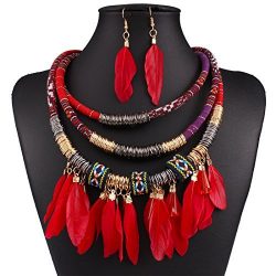 XY Fancy Feather Pendant Multi Layers Tribal Bib Necklace Statement Earring Jewelry Set