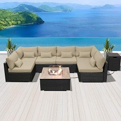 Modenzi Outdoor Sectional Patio Furniture with Propane Fire Pit Table Espresso Brown Wicker Resi ...
