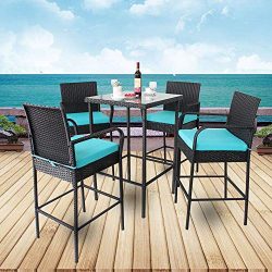 Leaptime Patio Bar Set 5pcs Black Rattan 1 Bar Table and 4 Stools Set Party Furniture Outdoor Ga ...