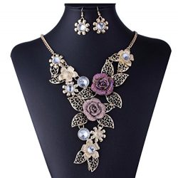 DDLBiz Women’s Vintage Flower Rose Gold Necklace Statement Earrings Jewelry Set