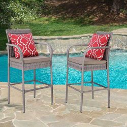 HTTH 2 Pieces Patio Bar Stools All-Weather Wicker Outdoor Furniture Chair, Bar Chairs with Cushi ...