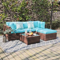 OC Orange-Casual 5 Piece Outdoor Furniture Sectional Sofa, Patio Brown PE Rattan Wicker Sofa wit ...