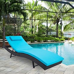 SUNCROWN Outdoor Adjustable Lounge Chair Patio Furniture Wicker Couch Bed with Blue Cushion