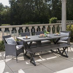 Christopher Knight Home Owenburg Outdoor 6 Piece Grey Aluminum Dining Set with Bench and Grey Wi ...