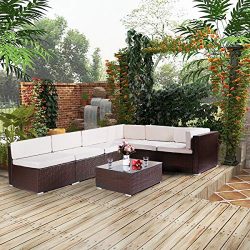 Esright 7 Pieces Patio PE Rattan Wicker Sofa Sectional Furniture, Brown