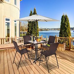 Tangkula 5 Pcs Patio Furniture Set Square Bar Glass Top Table and 4 Folding Chairs Wicker Outdoor