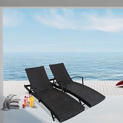 LEAPTIME Outside Lounge Chair Set of 2 Patio Rattan Chaise Lounge Adjustable Backrest Black PE W ...