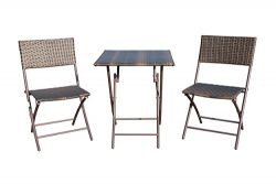 GOJOOASIS 3 Piece Folding Table and Chair Rattan Wicker Furniture Conversation Set Brown